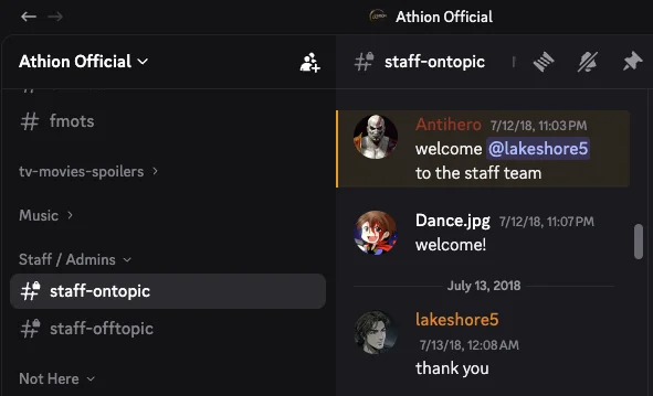 Athion staff Discord welcoming lakeshore5 to the staff team in July 2018