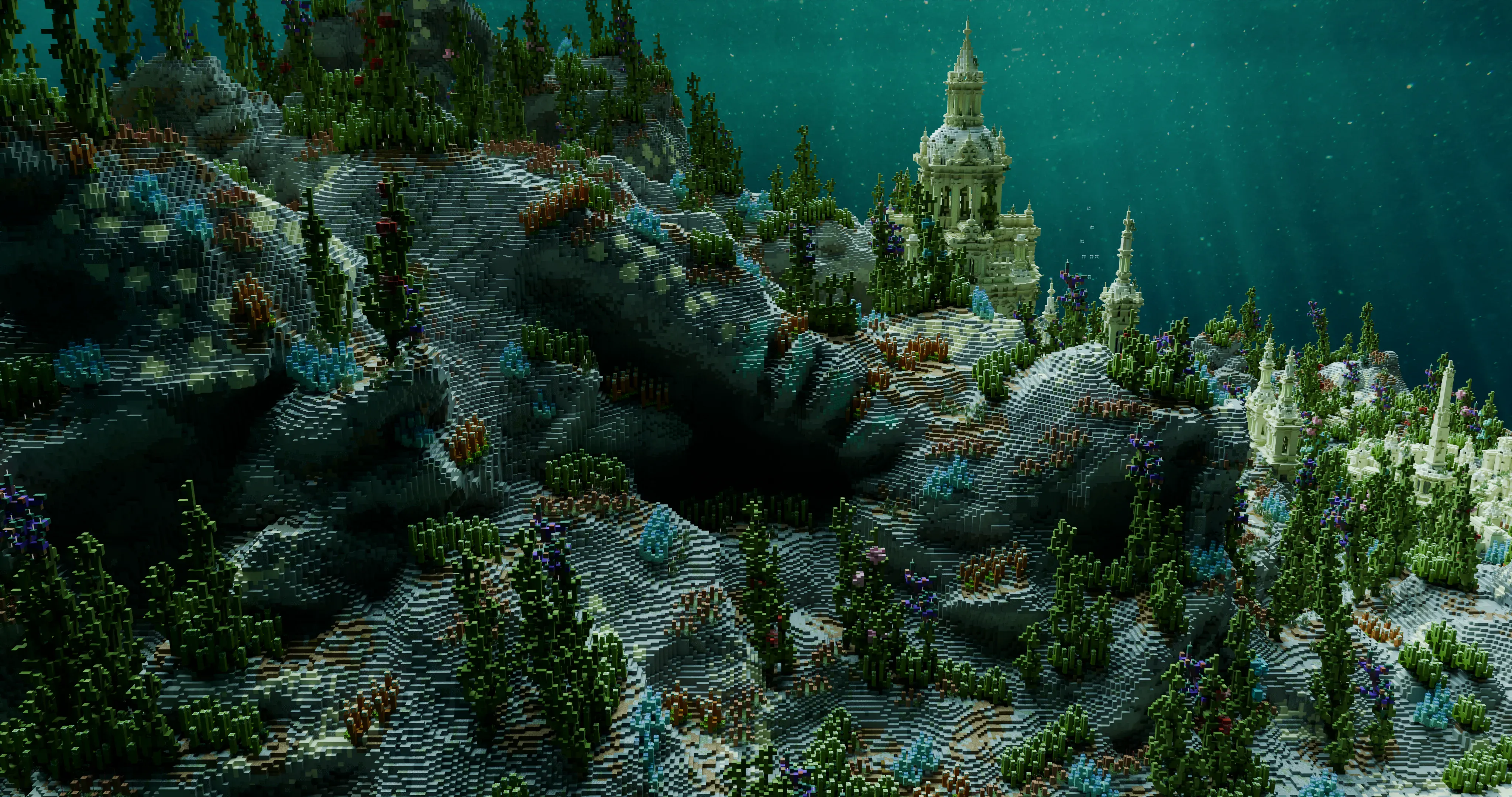 Aurelios underwater terrain-only view showing sculpted ridges and vegetation