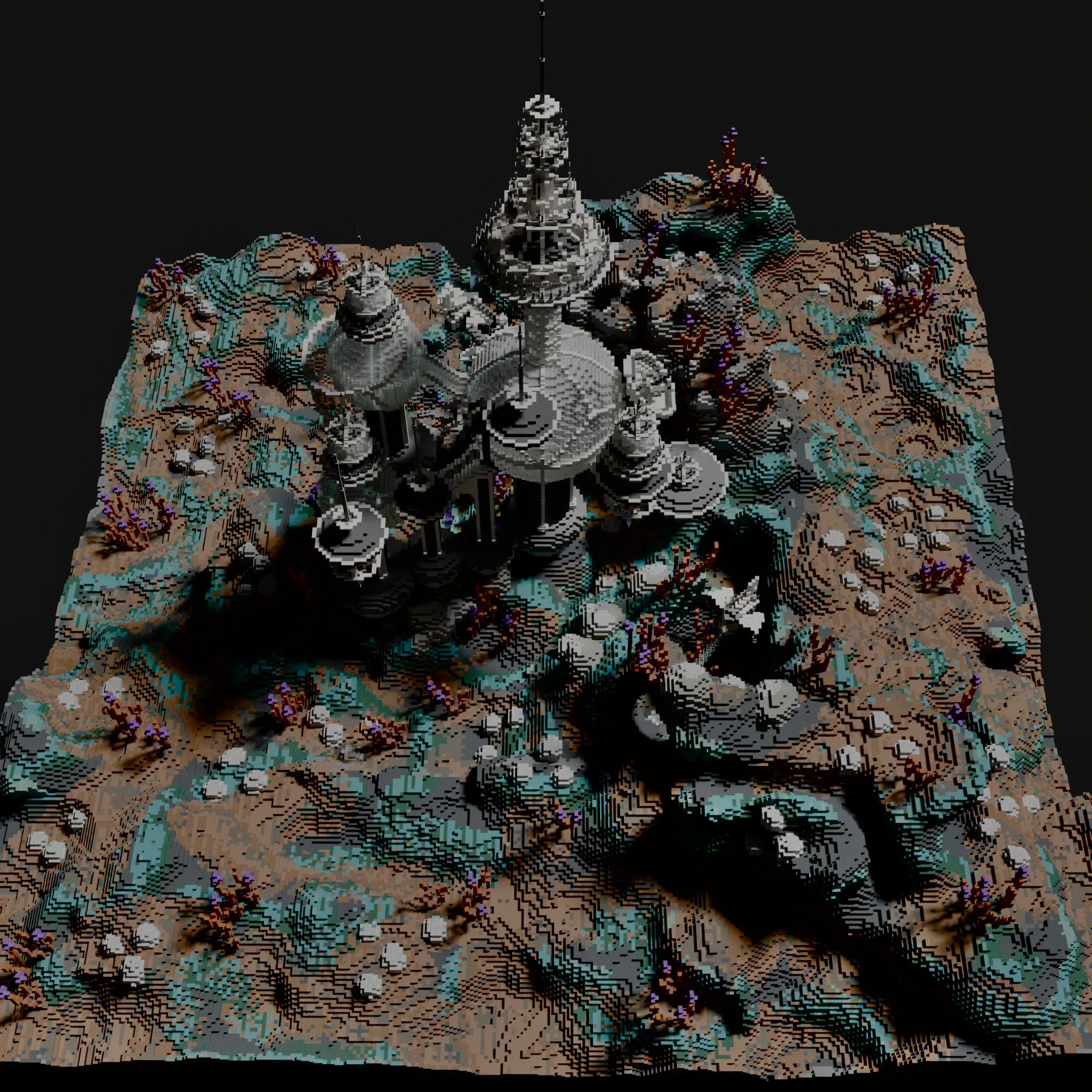Aerial view of Heliox Station showing full sci-fi environment