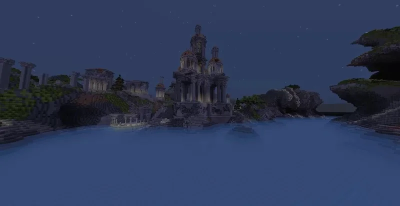 Loriostrond fantasy Minecraft city viewed from an alternate cliff angle with custom terrain
