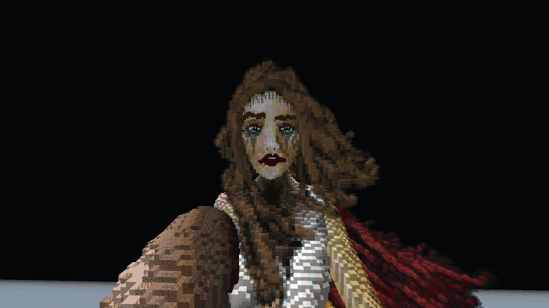 Close-up of the Helen of Troy Minecraft sculpture's face and voxel features