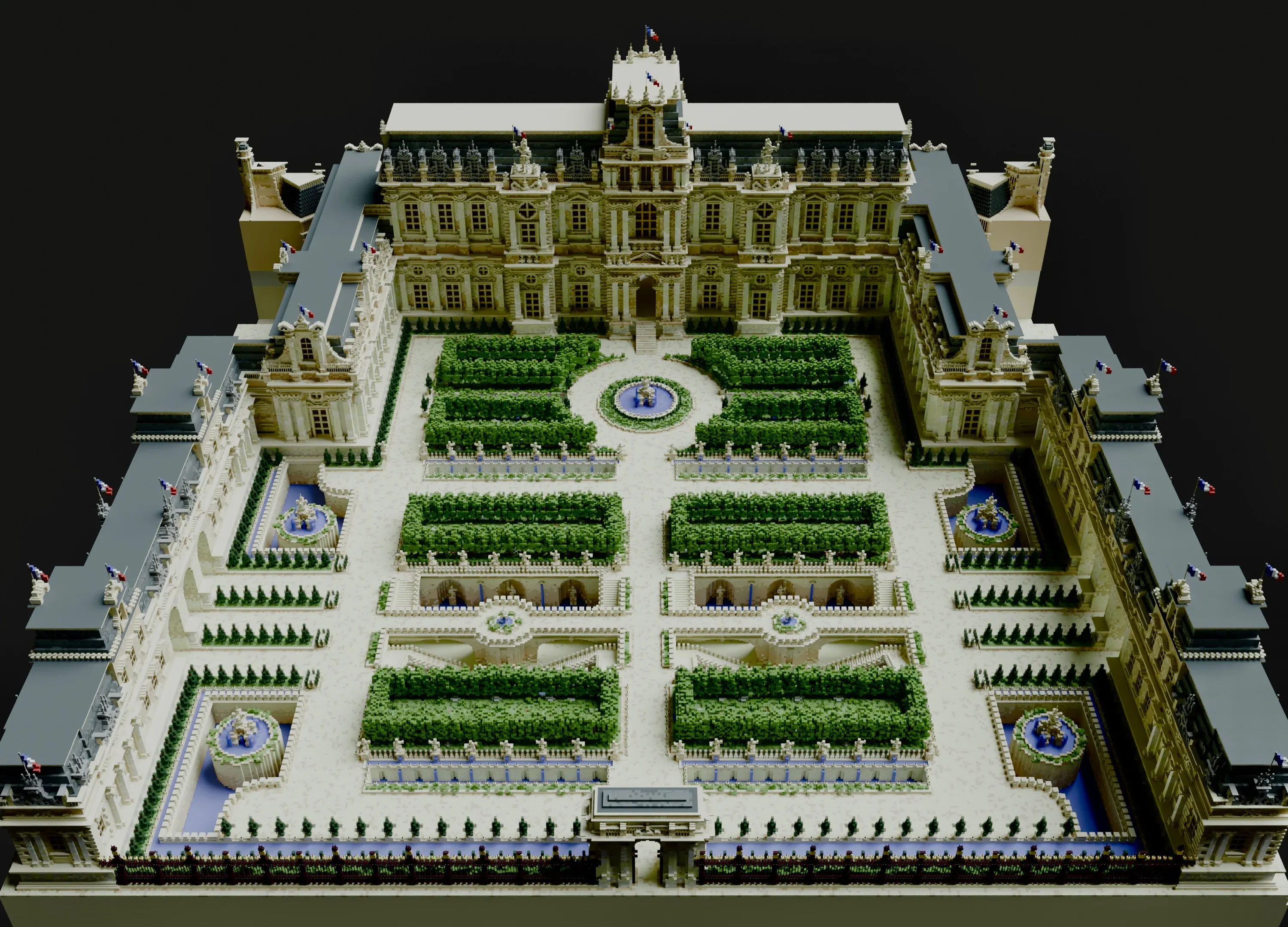Aerial view of Palais Lumière showing full palace, gardens, and axis