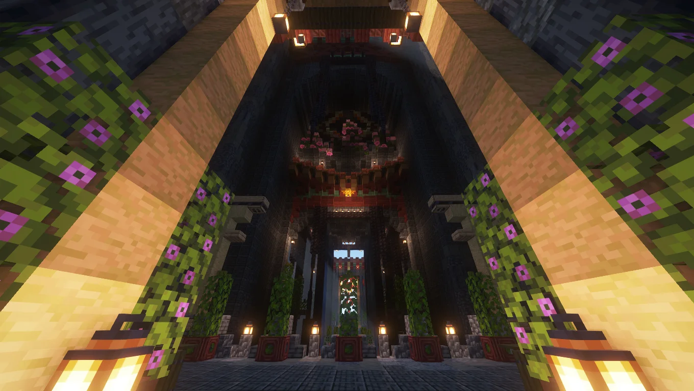 Interior of Yuanhua Pagoda with timber columns, lantern lighting, and monumental vertical space